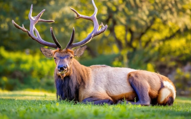 Elk lying on the ground covered in greenery under the sunlight