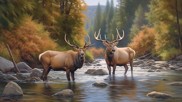 Elk in a river painting by person