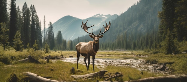 elk standing on the river bank landscape