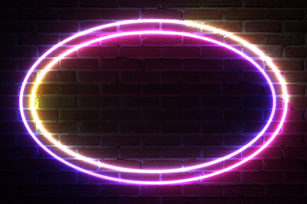 Ellipse Neon Light Frame for Template and Layout in front of brick wall. 3d Rendering