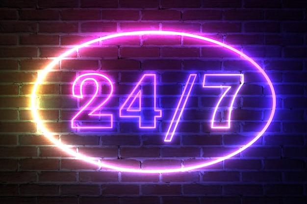 Ellipse Neon Light Frame with 24 Hours and 7 Days the Week Sign in front of brick wall. 3d Rendering