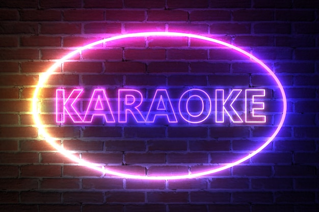 Ellipse Neon Light Frame with Karaoke Sign in front of brick wall. 3d Rendering