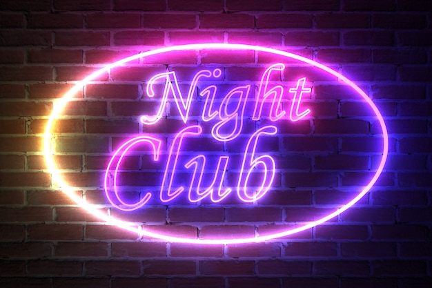 Ellipse Neon Light Frame with Night Club Sign in front of brick wall. 3d Rendering