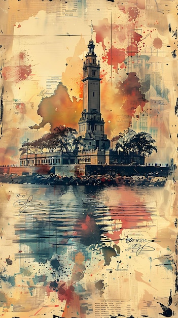 Ellis Island in New York With Textured Paper Texture Immigra Illustration Trending Background Decor