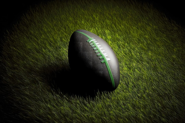 Elongated ball for playing american football lies on green grass generative ai