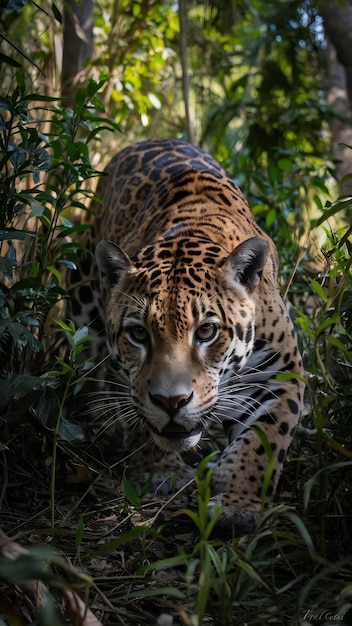 Photo elusive jaguar stealthily prowling through dense underbrush eyes fixed on potential prey