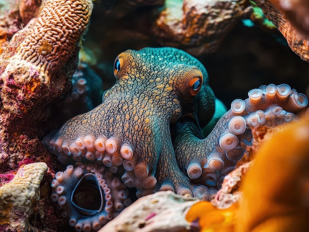 Photo elusive octopus camouflaging among coral structures