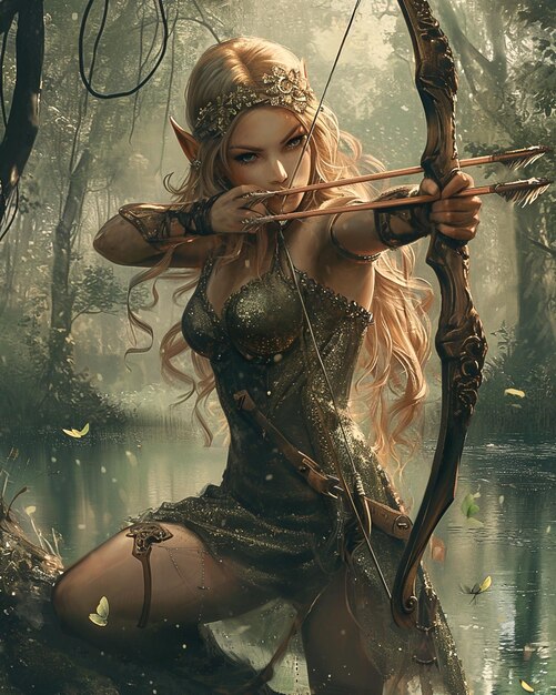 Photo elven archer aiming with bow and arrow in forest