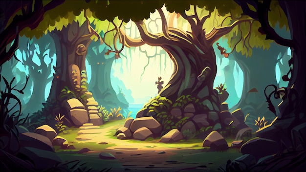 Elven forest 2D background environment for a mobile game A high quality horizontal background landscape Gaming template design location Generative ai