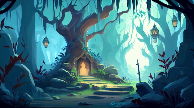 Elven forest 2D background environment for a mobile game A high quality horizontal background landscape Gaming template design location Generative ai