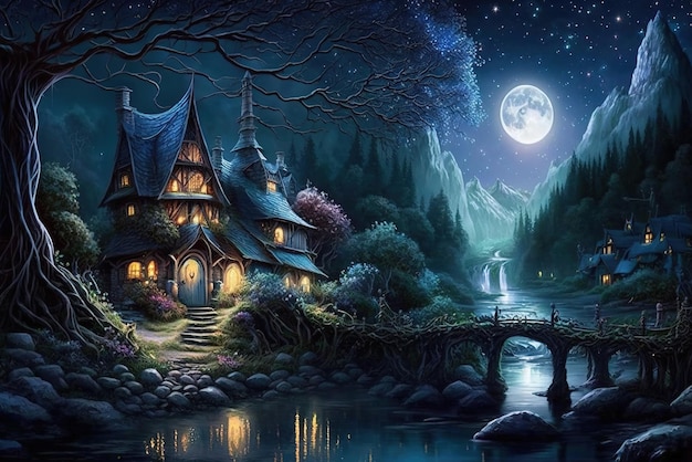 Elves' houses in the magical starry night