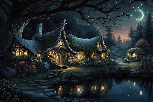 Elves' houses in the magical starry night