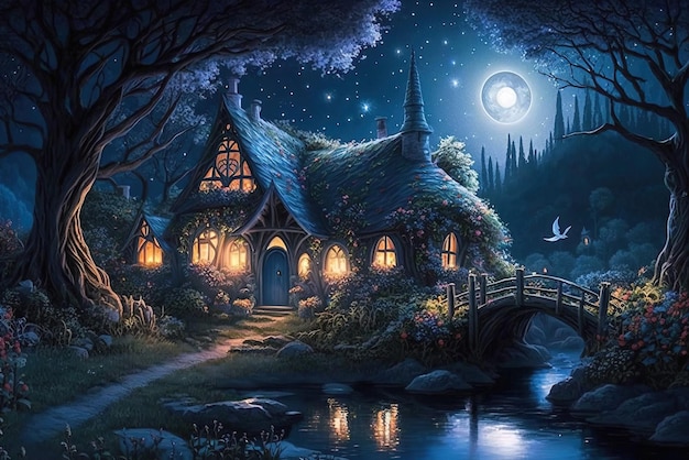 Elves' houses in the magical starry night