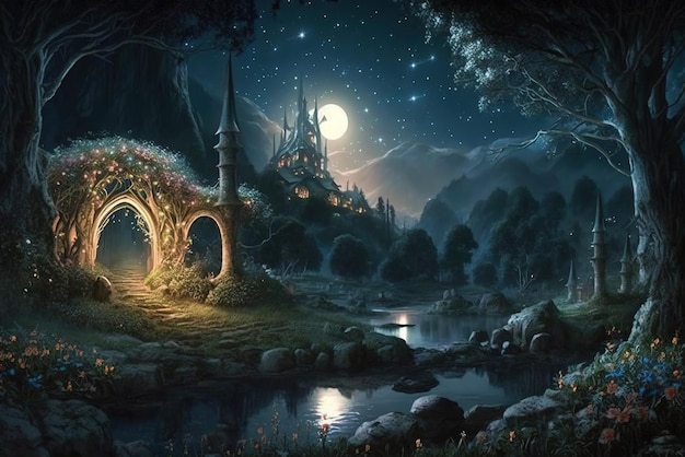 Elves' houses in the magical starry night