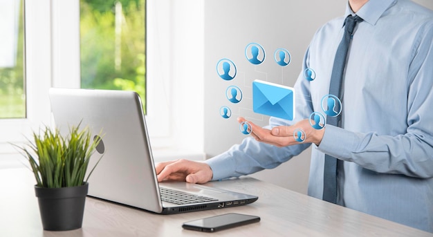 Email marketing and newsletter conceptContact us by newsletter email and protect your personal information from spam mail conceptScheme of direct sales in business List of clients for mailing