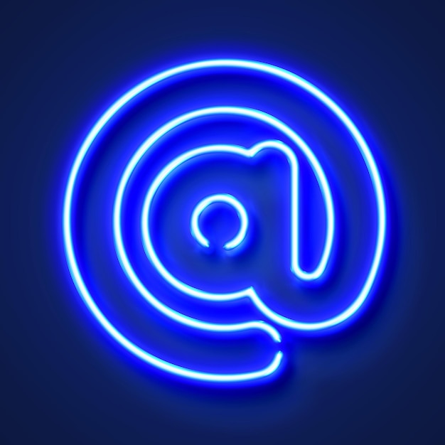 Email at symbol realistic glowing blue neon letter against a blue background