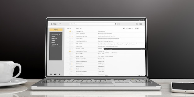 Emails on a laptop screen isolated on an office desk black wall background 3d illustration