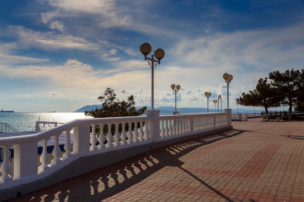 The embankment of the Gelendzhik seaside resort white balustrade sea mountain range