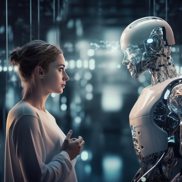 Embark on a journey into futuristic technology with this image of a person conversing with a robotic