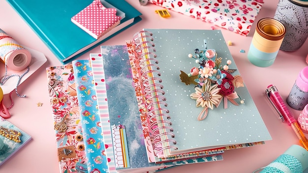 Photo embellished scrapbooks on a craft table