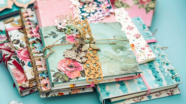 Photo embellished scrapbooks on a craft table