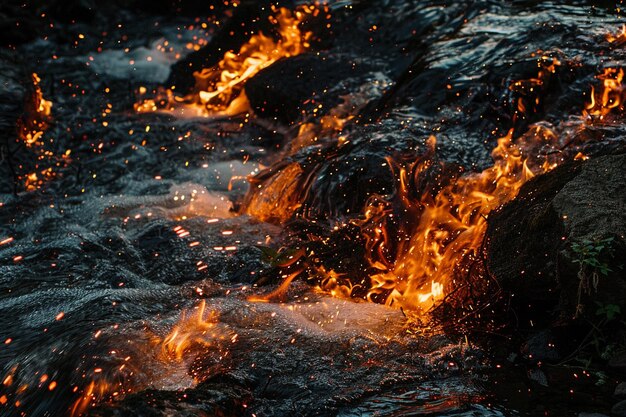 Embers floating on the waves of a mountain creek a generative ai