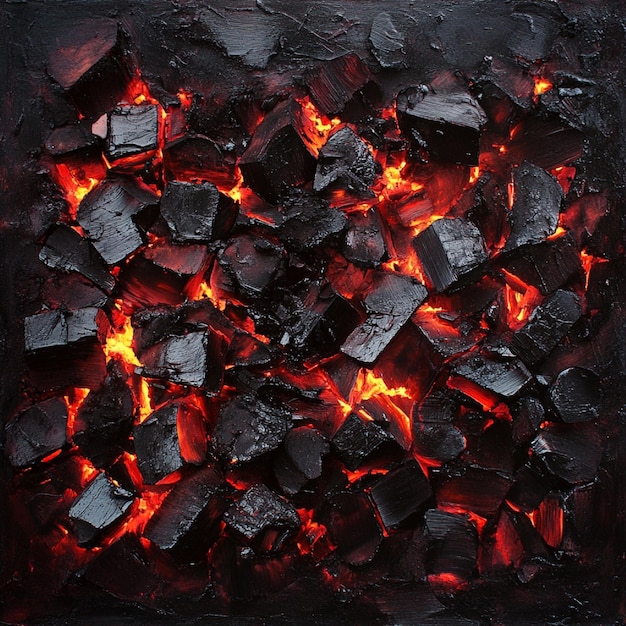 Embers glowing beneath a pile of coals