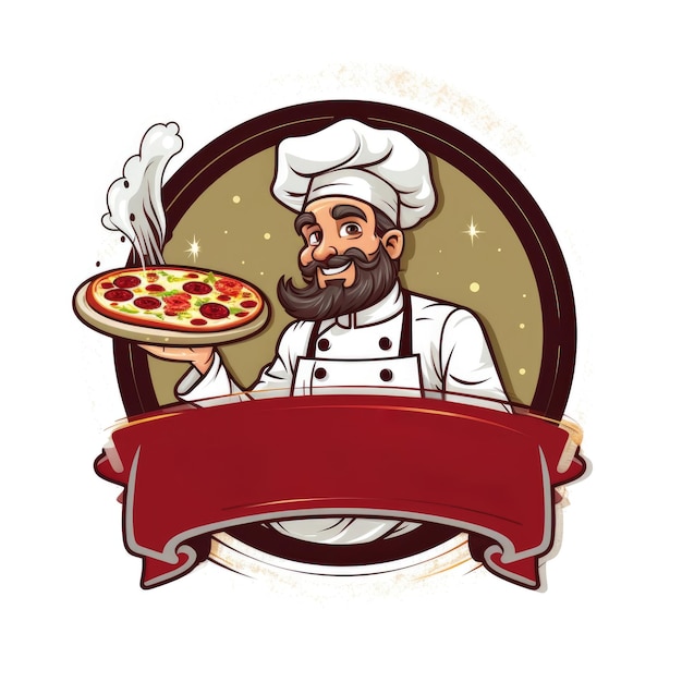 Emblem of man with pizza on white background Logo Free space for the name