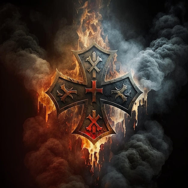 The emblem of the Templar cross is engulfed in flames and smoke, evoking a sense of destruction and