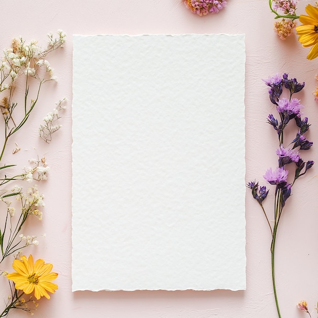 embossed blank greeting and invitation card mockup on floral background