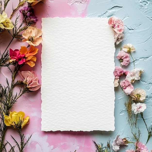 embossed blank greeting and invitation card mockup on floral background