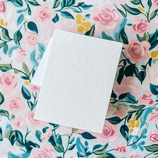 Photo embossed blank greeting and invitation card mockup on floral background