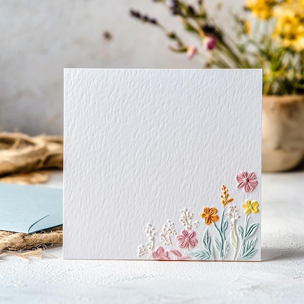 Photo embossed flower blank greeting and invitation card mockup