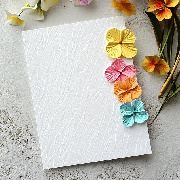 Photo embossed flower blank greeting and invitation card mockup