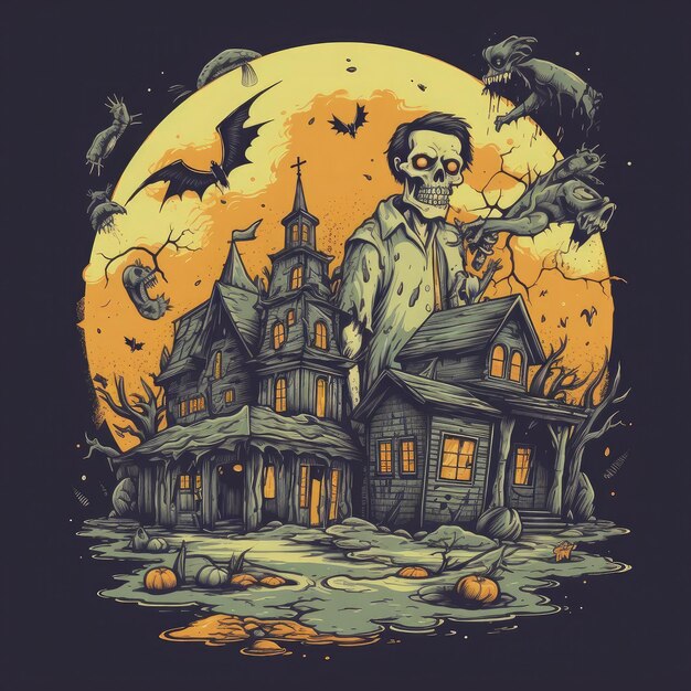 Photo embrace classic horror themes like zombies, ghosts, and vampires, colorful halloween professional t-shirt design ai generated