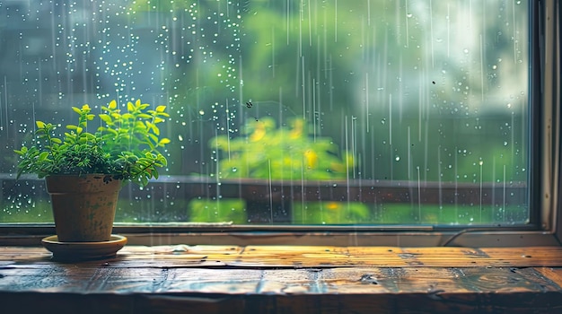 Photo embrace indoor coziness with our image of a wooden table near a window on a rainy day perfect for creating a warm atmosphere