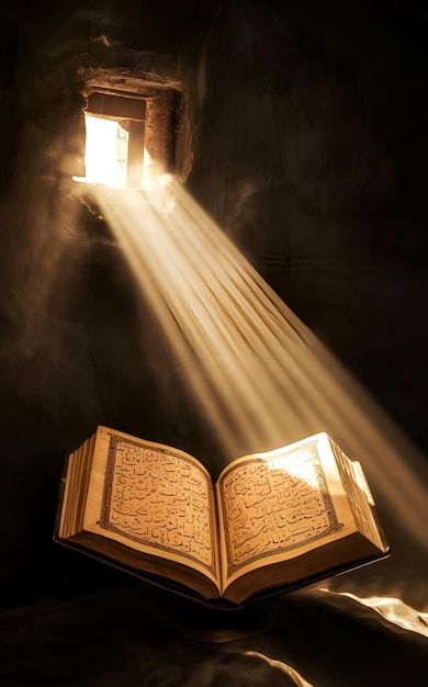 Photo embrace of light quran illuminating a dark room with forgiveness