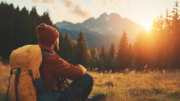 Embrace Natures Splendor A Solo Backpacker Relishing the Tranquility of the Mountains at Sunset