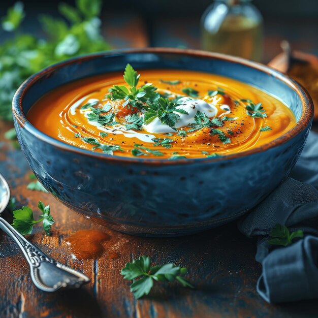 Photo embrace simplicity by photographing a bowl of smooth velvety pumpkin soup garnished