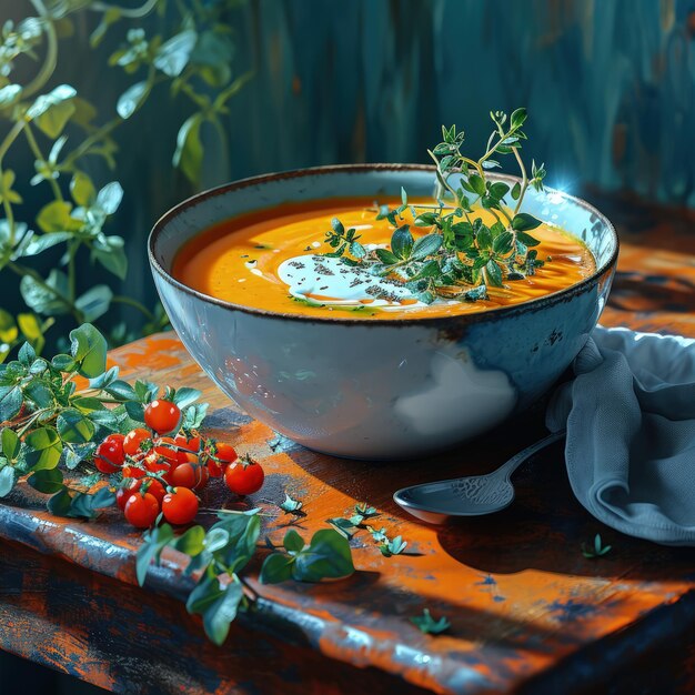 Photo embrace simplicity by photographing a bowl of smooth velvety pumpkin soup garnished