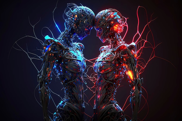 The embrace of two lovers pose of humanoid female and boy neural network suit bionic neural thinking