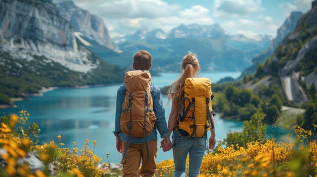 Embracing Adventure and Romance Couple Hiking in Majestic Mountain Scenery on a Sunny Day