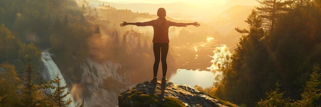 Photo embracing courage a young woman stands fearlessly on the edge of a cliff at sunset