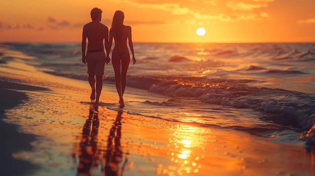 Embracing Diversity Nonbinary and Female Couple Walking on Beach at Sunset