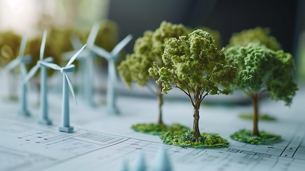 Photo embracing ecofriendly design with miniature models of green architecture and wind energy