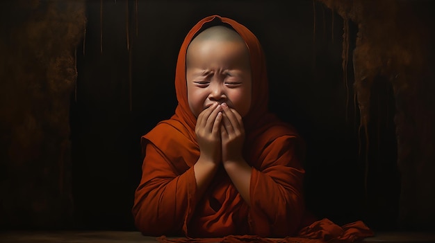 Embracing Emotions Small Monk Reflecting the Tears in the Spirit of Gautam Buddha