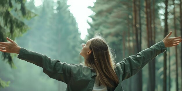 Photo embracing freedom young woman enjoys fresh air in the forest concept forest adventure fresh air young woman embracing freedom outdoor photoshoot