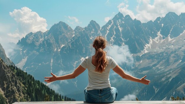 Photo embracing nature woman meditating with majestic mountain view