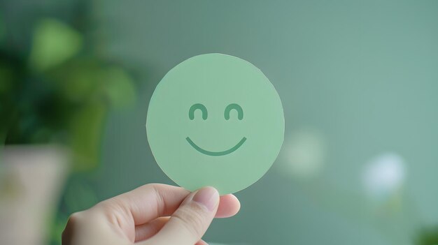 Photo embracing positivity hand holding a green smiling face for good feelings