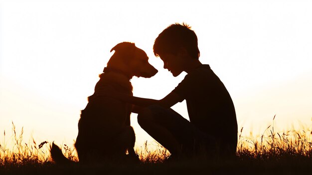 Photo embracing silhouette of boy and dog at sunset